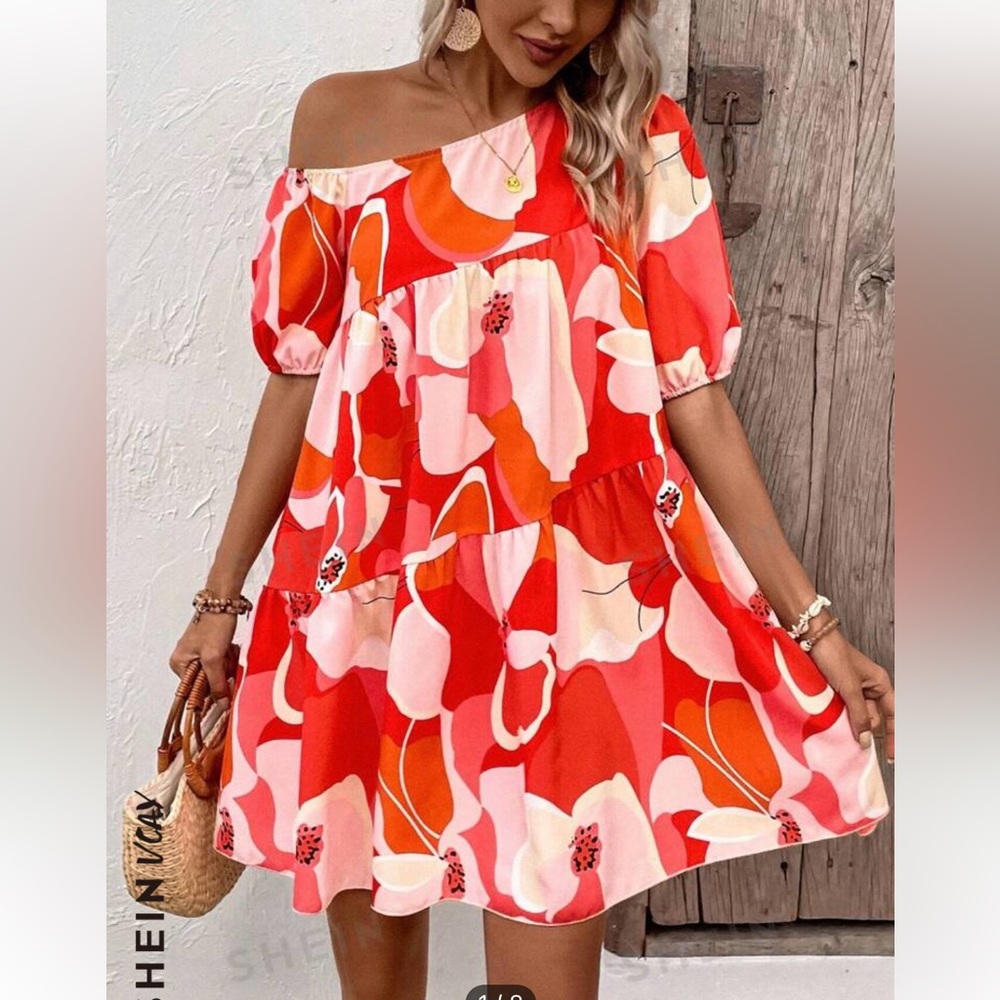 SHEIN VCAY Allover Floral Print Asymmetrical Neck Ruffle Hem Smock Dress